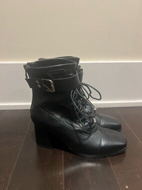 Black Lace-Up Ankle Boots with Buckle